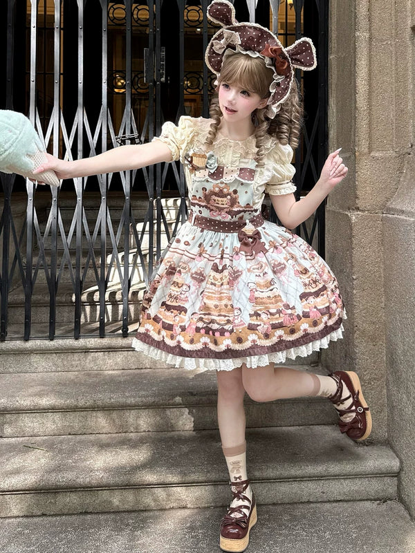 Pink and chocolate cake-themed Lolita dress with bunny-ear headwear and layered accessories