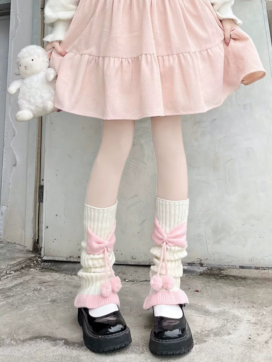 Floral Milk Cat - Bow Pom-Pom - Calf-Length Knit Slouch Socks with Lettuce Edges