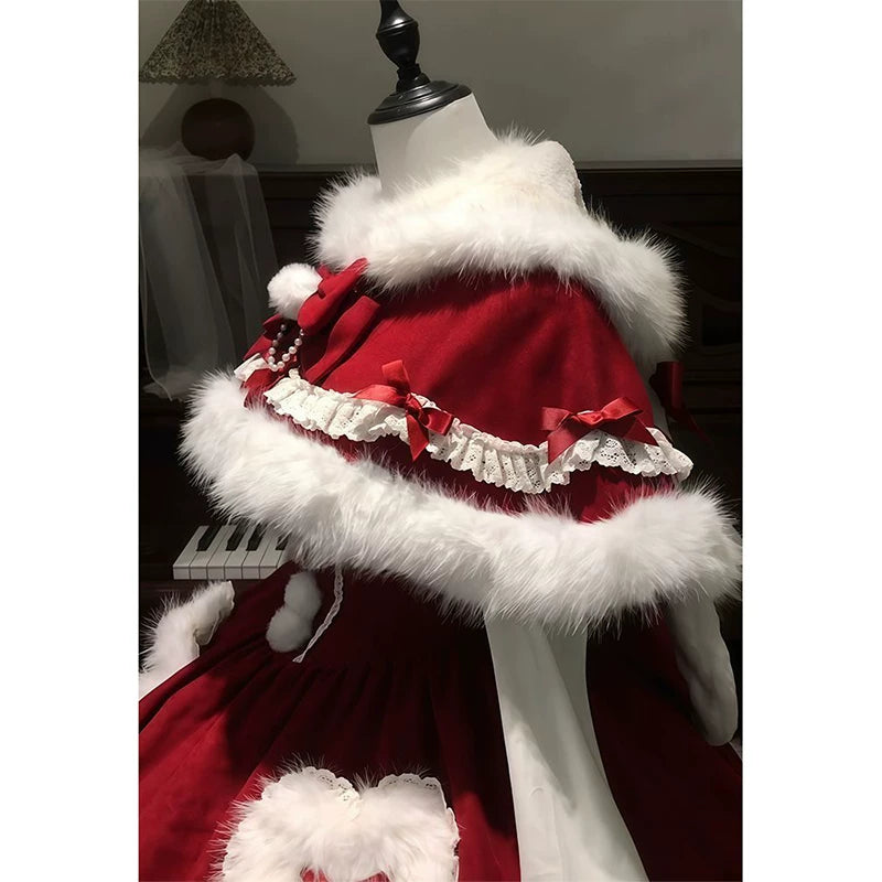 Creamy - Winter Christmas - Red Cape Dress Set with Plush Trim