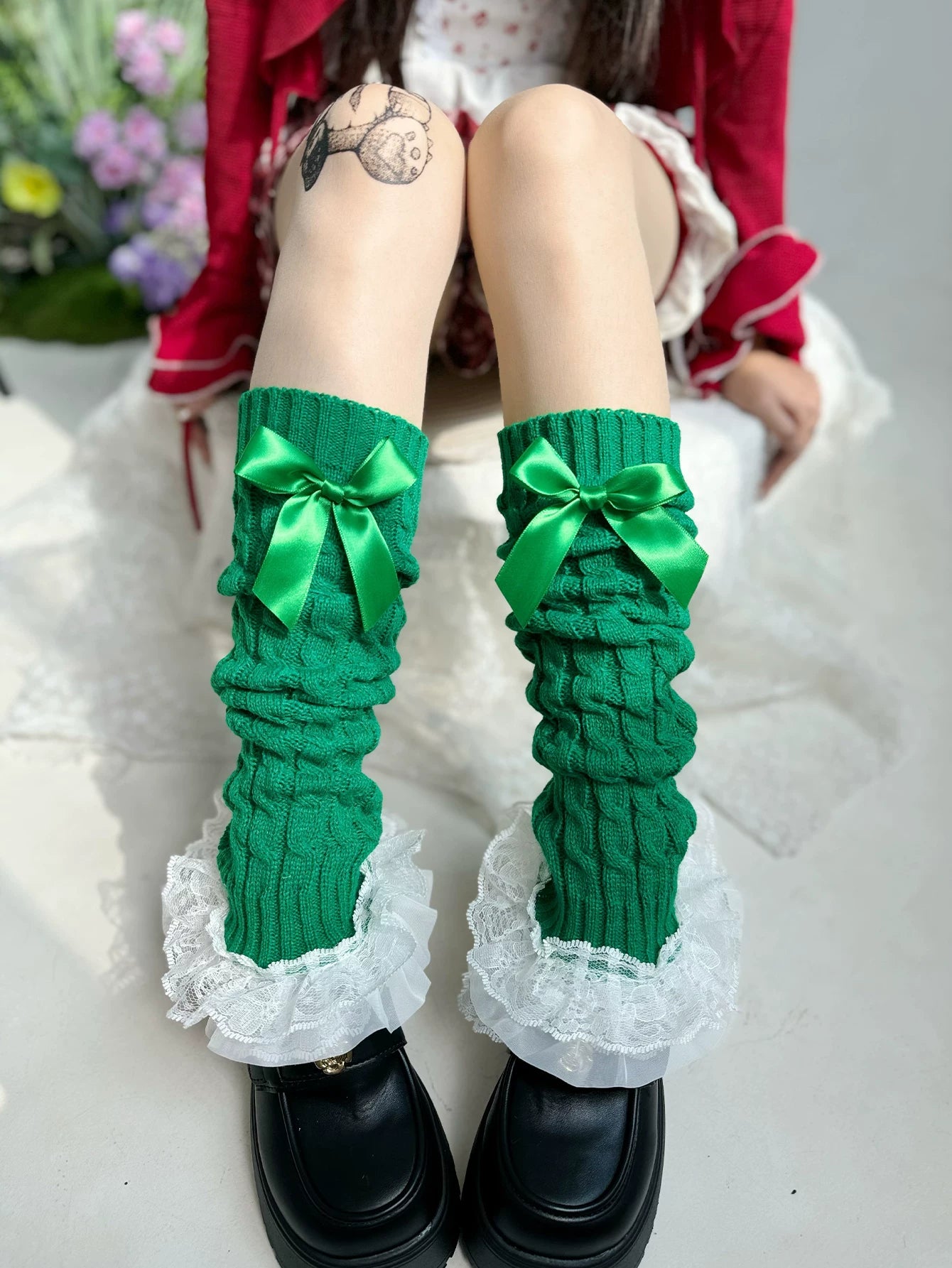 Fantasy Doll - Bowed Lace Layers - Knit Mid-Calf Leg Warmers with Lace Ruffles and Bows