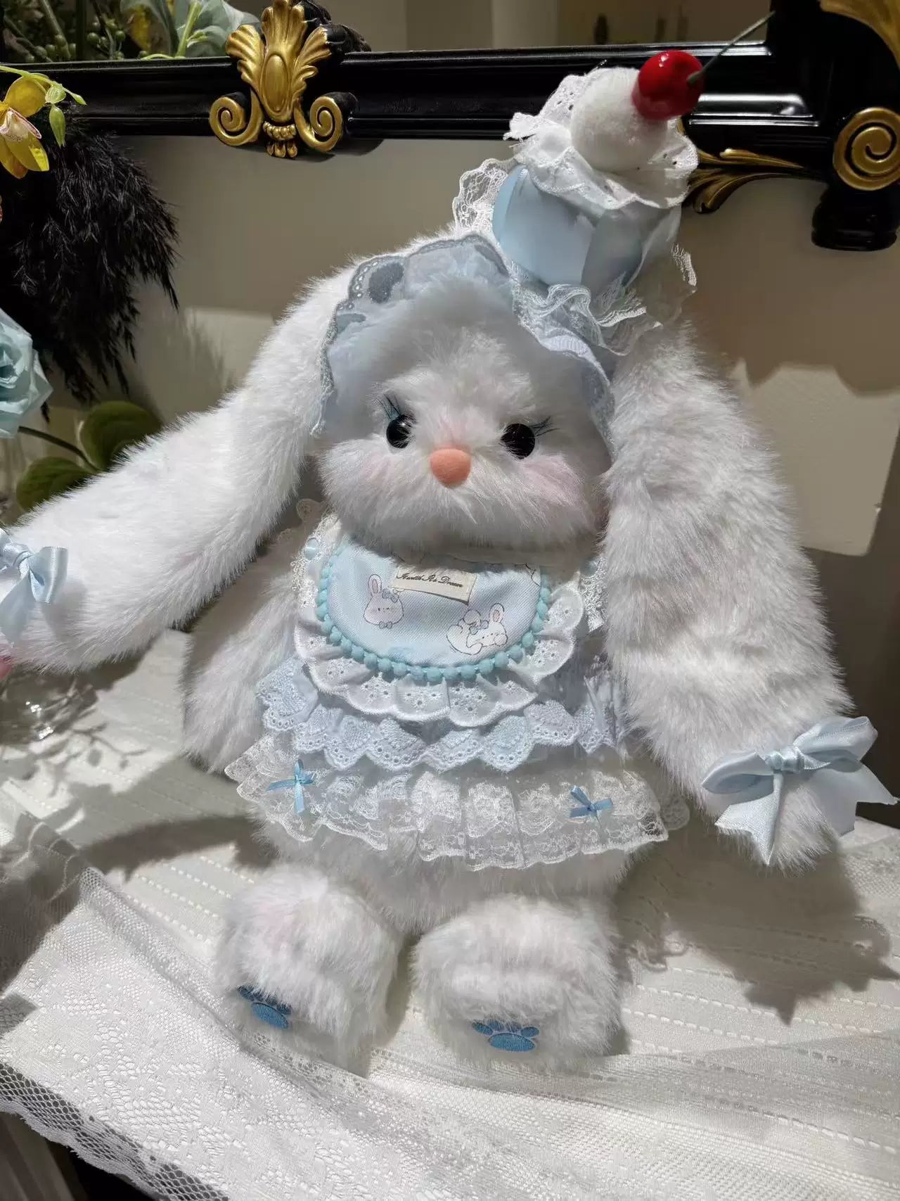 Pink plush bunny Lolita bag with bow accent and convertible shoulder strap