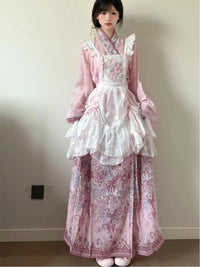 Crémeux - Fusion Han-Occidentale Rose - Ensemble Lolita avec Jupe à Volants - Jupon rose + caraco + haut + jupe + jupon (ruban pour cheveux gratuit) / S