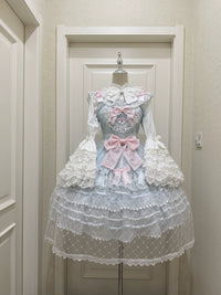 Hanguliang - Camellia Cherry Overture - Sweet JSK Dress with Layered Lace Bows - BlueJSK / S