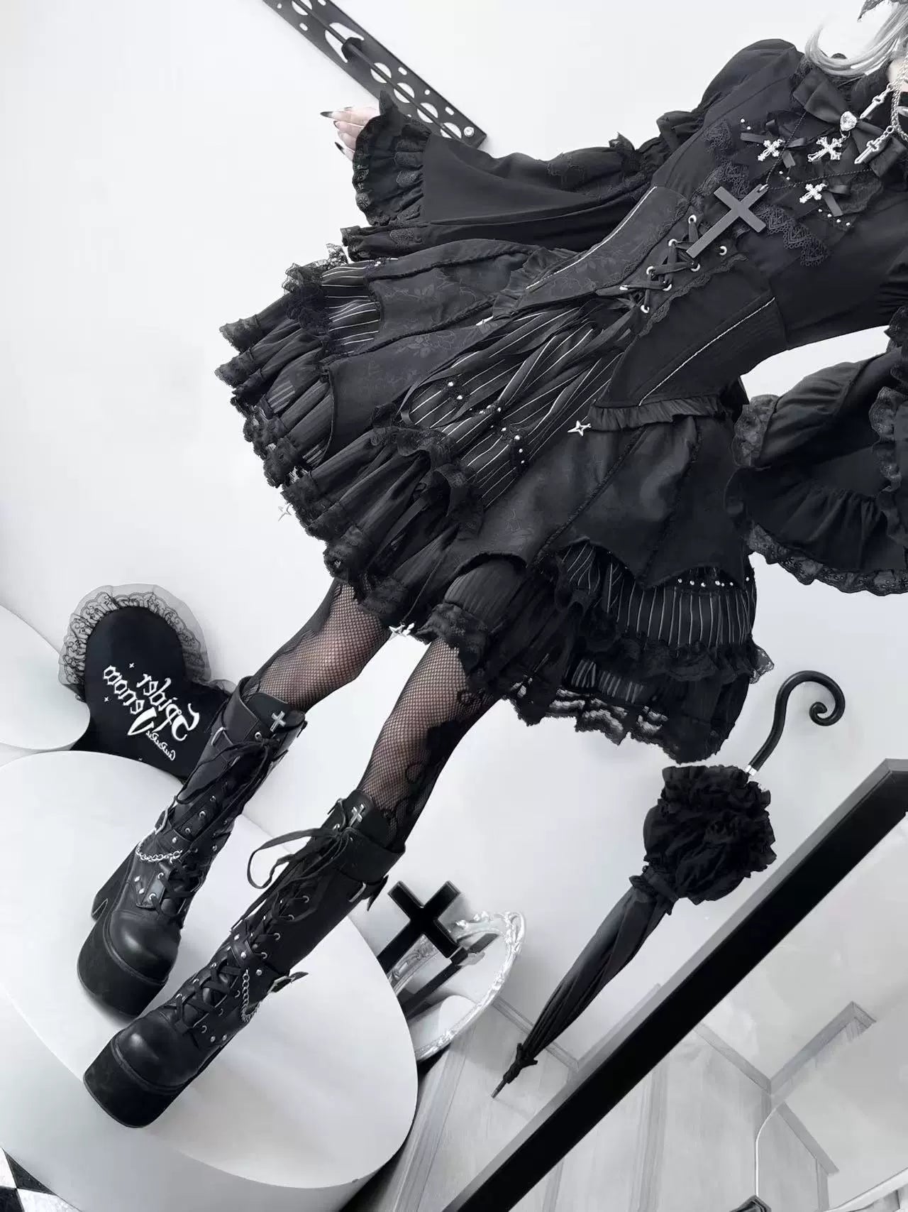 Twilight Song - Trace Bone - Black Gothic Lolita SK & Waist Cincher