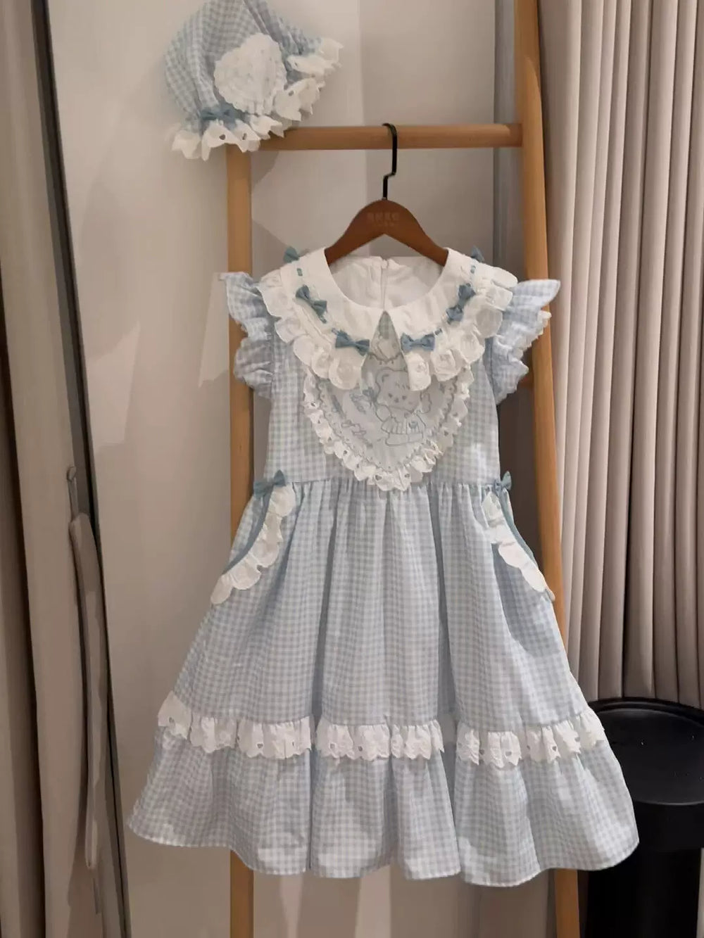 Light blue and white gingham Lolita OP dress with Peter Pan collar and ruffled sleeves