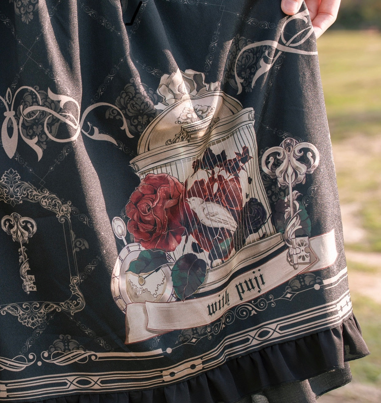 With PUJI - Nightingale and Rose - Classic Lolita Chiffon Dress, Rose & Birdcage Print