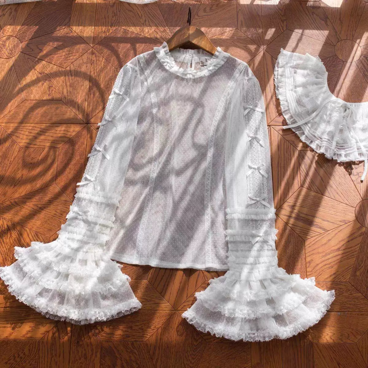 Apricot dotted tulle lolita blouse with detachable collar and bell sleeves