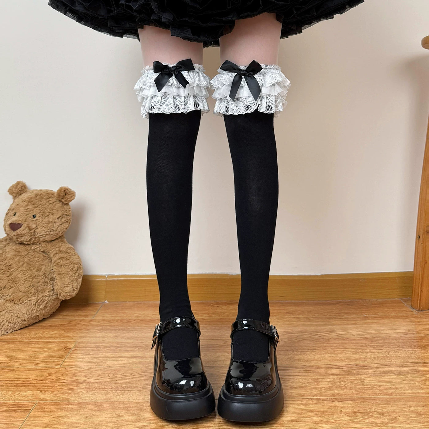 Chubby Bear Tales - Showa Doll - Lolita Socks with Layered Lace Ruffles and Bows