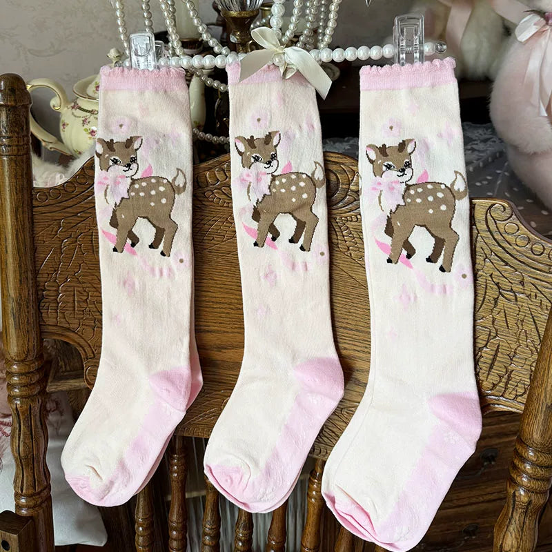 Lolita - Bow Fawn Mid-Calf Socks - Mid-calf lolita socks with cartoon