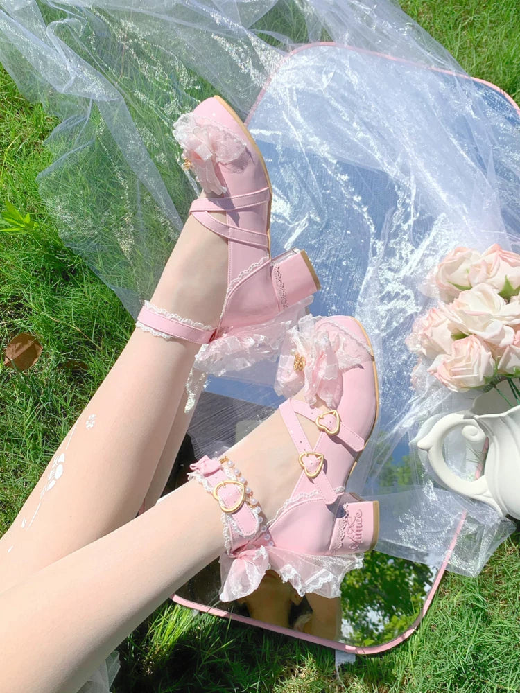 Aimee Showa Snow Princess Lolita shoes — pink shoes worn with socks