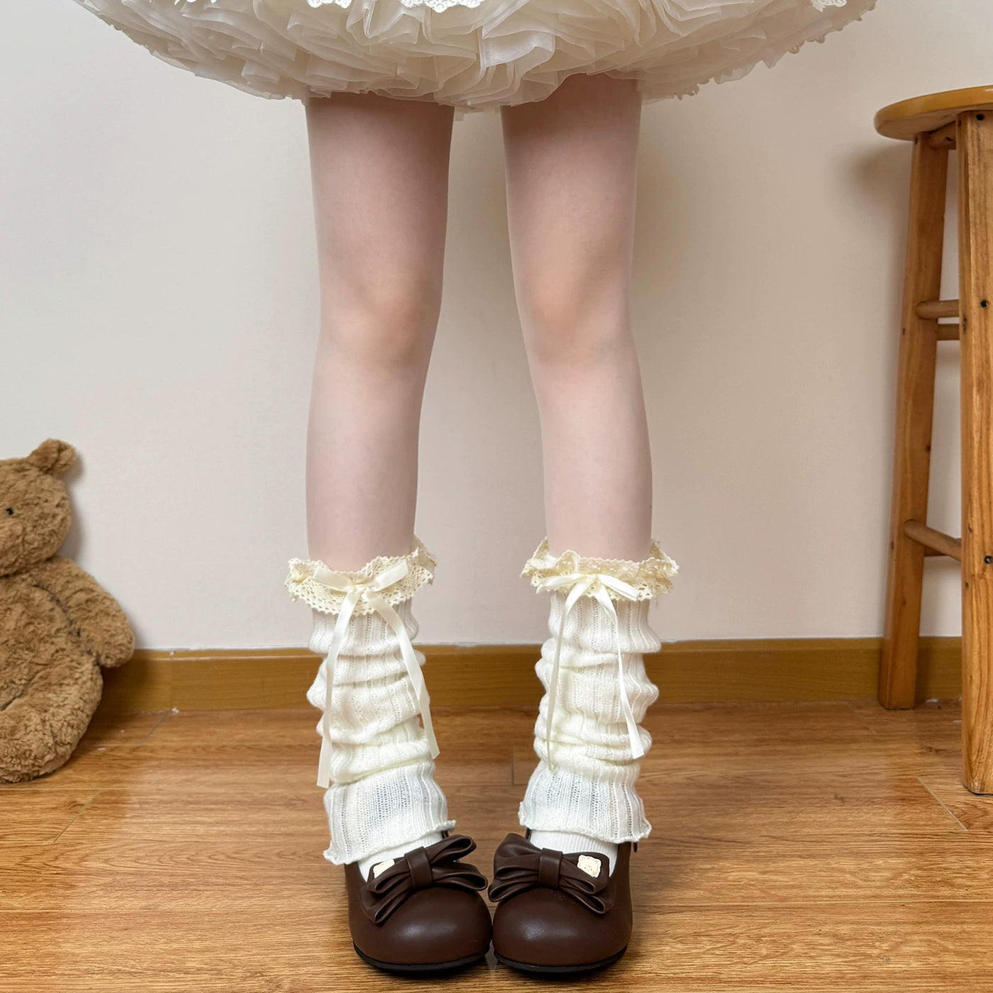 Chubby Bear Tales - Harajuku Knit - Knit leg warmers with lace trim and bows