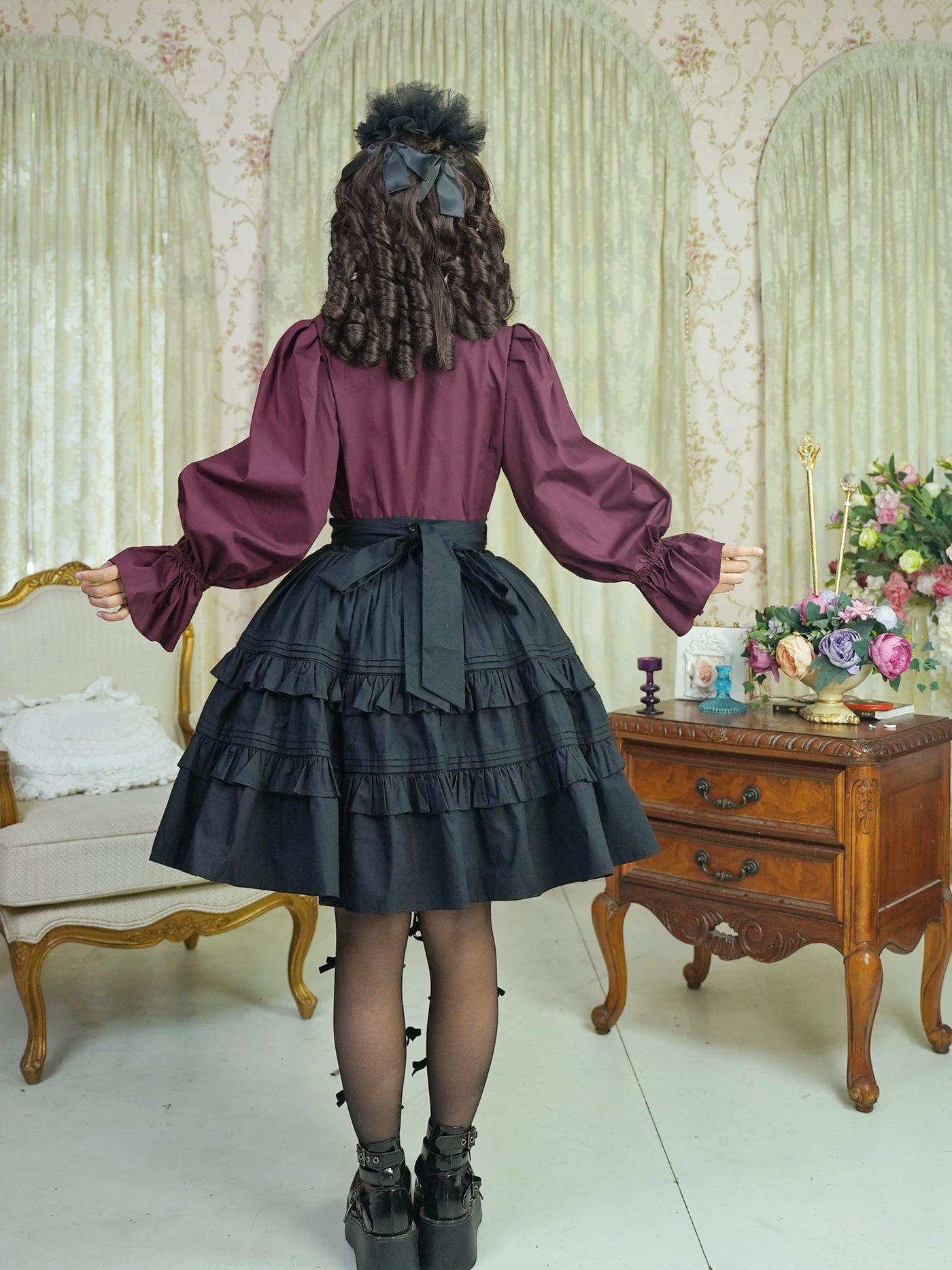 LACE GARDEN - Dark Chamber Rose - 360-Degree Full-Circle Ruffle Skirt