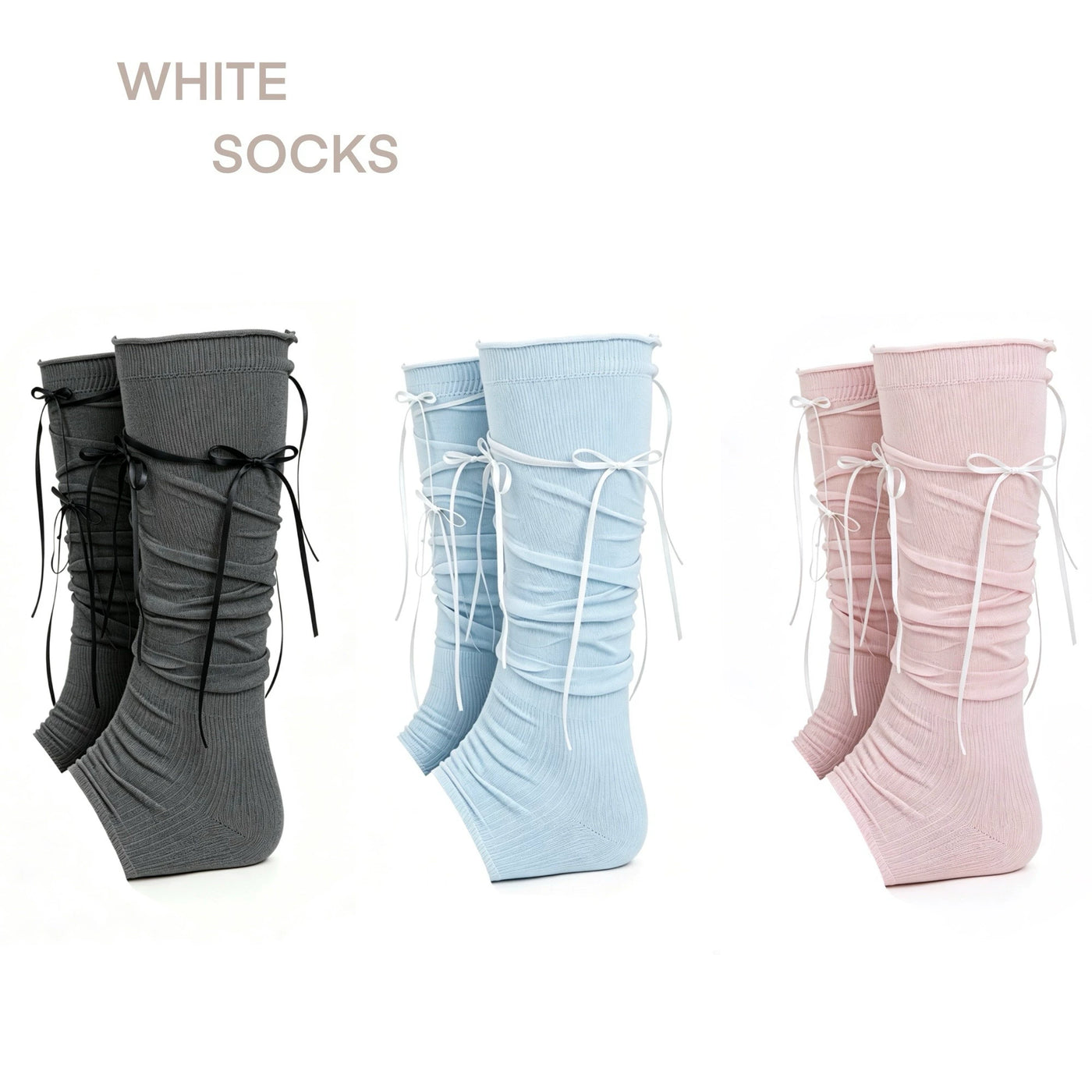 White Socks - Ribbon Ruched - Calf Socks with Ribbon Ties