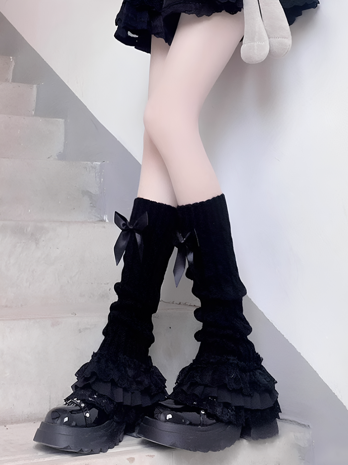 Fantasy Doll - Y2K Bow Knit - Leg Warmers with Bows and Lace Trim