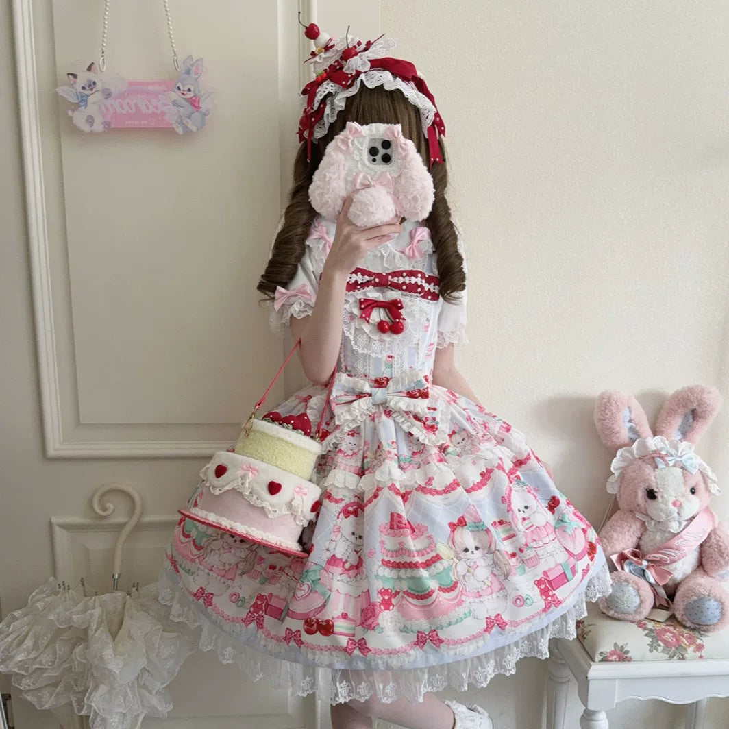 Lady Han Cherry Bake JSK dress by Lolita Fetch featuring a cherry pattern and original design, displayed on a mannequin.