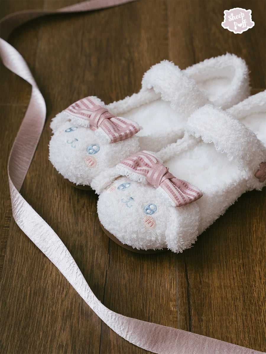 Sheep Puff curly puppy low heel Lolita shoes in pastel color with textured puff design and delicate bow details.