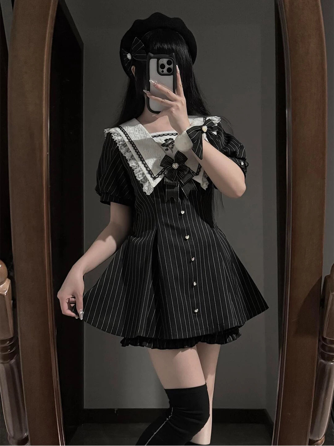Creamy - Pinstripe Ribbon - Black One-Piece Dress and Shorts Set with White Lace Collar