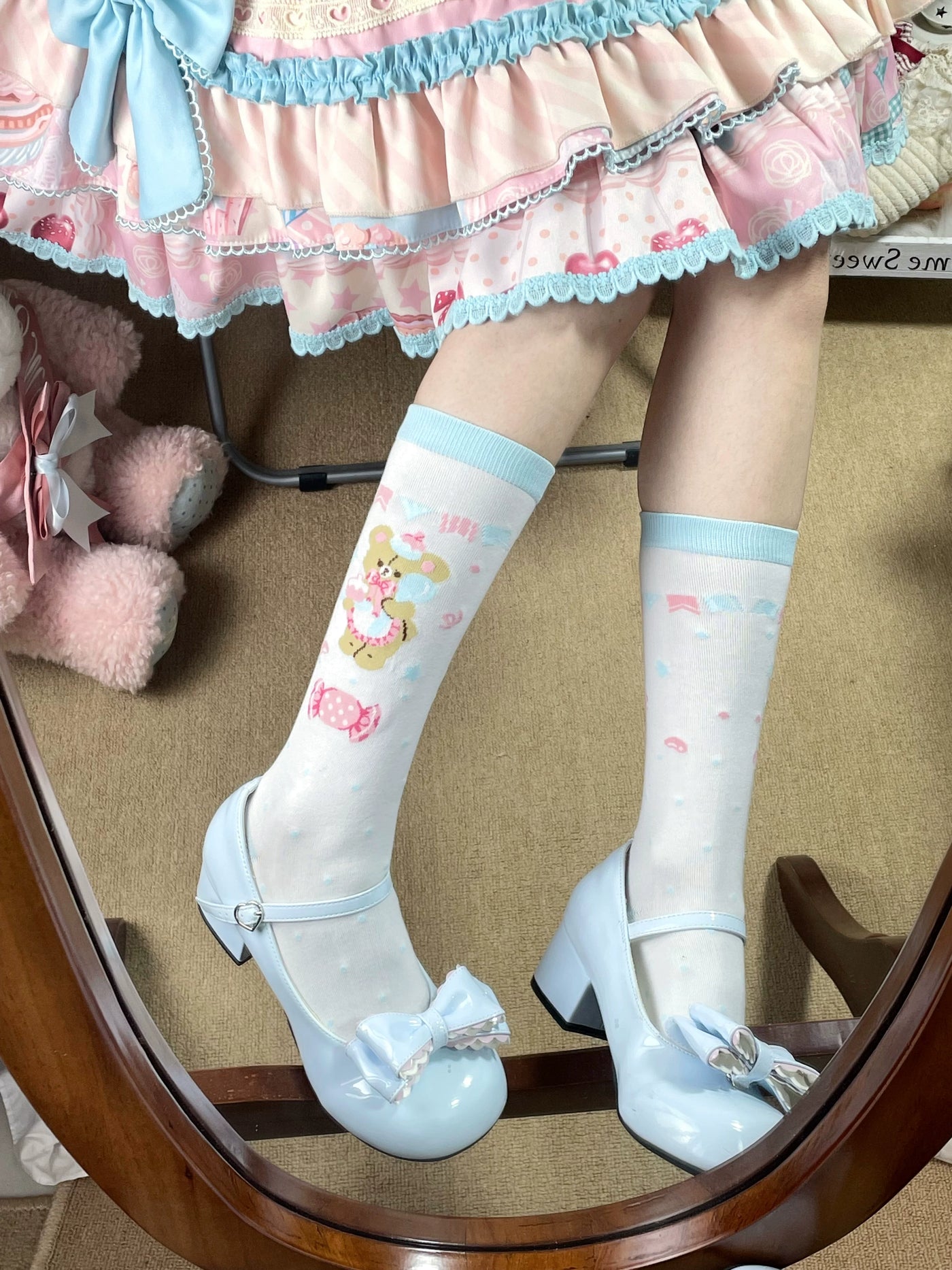 Fantasy Doll - Bear and Strawberry - Combed-Cotton Mid-Calf Socks with Printed Motifs