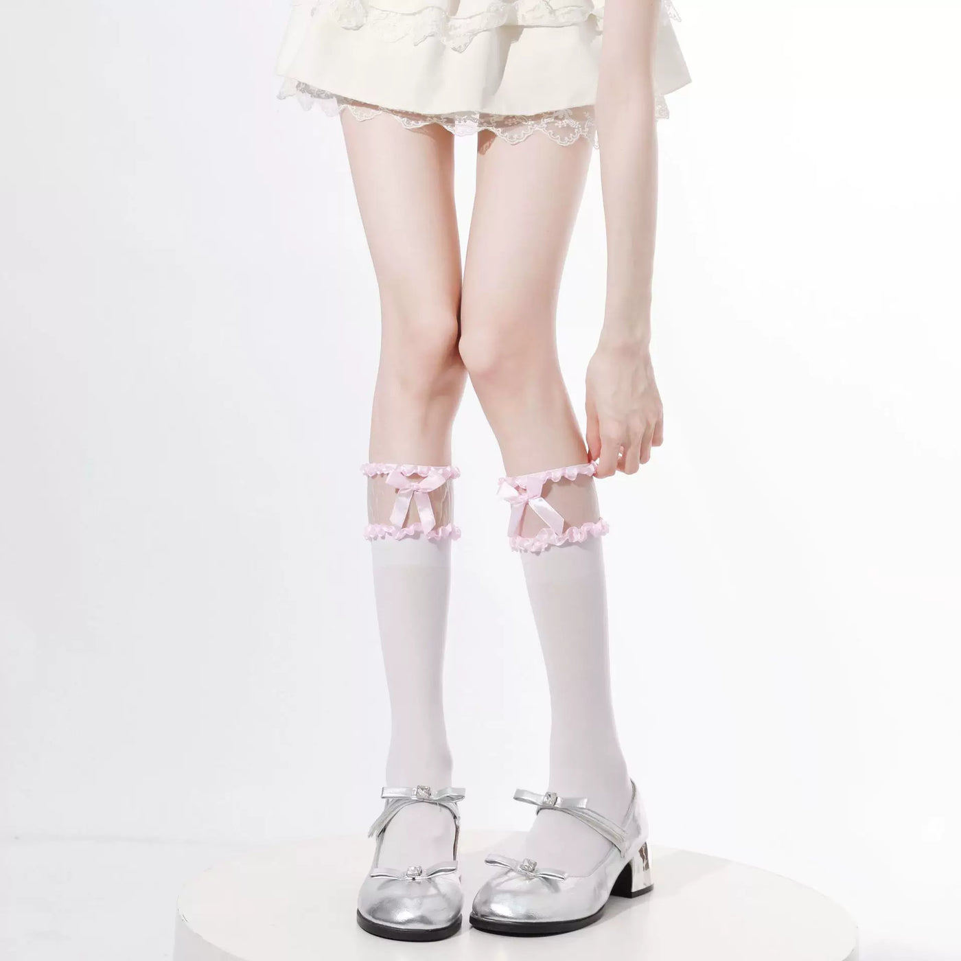 Fantasy Doll - Ribbon Window - Sheer Ruffle-Panel Calf Socks