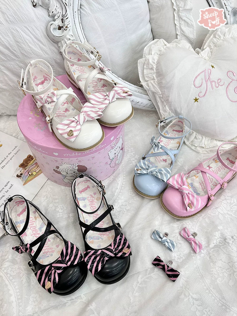 Sheep Puff Candy Tea 2.0 low heel Lolita shoes in pastel pink with playful sheep puff detailing and rounded toe design.