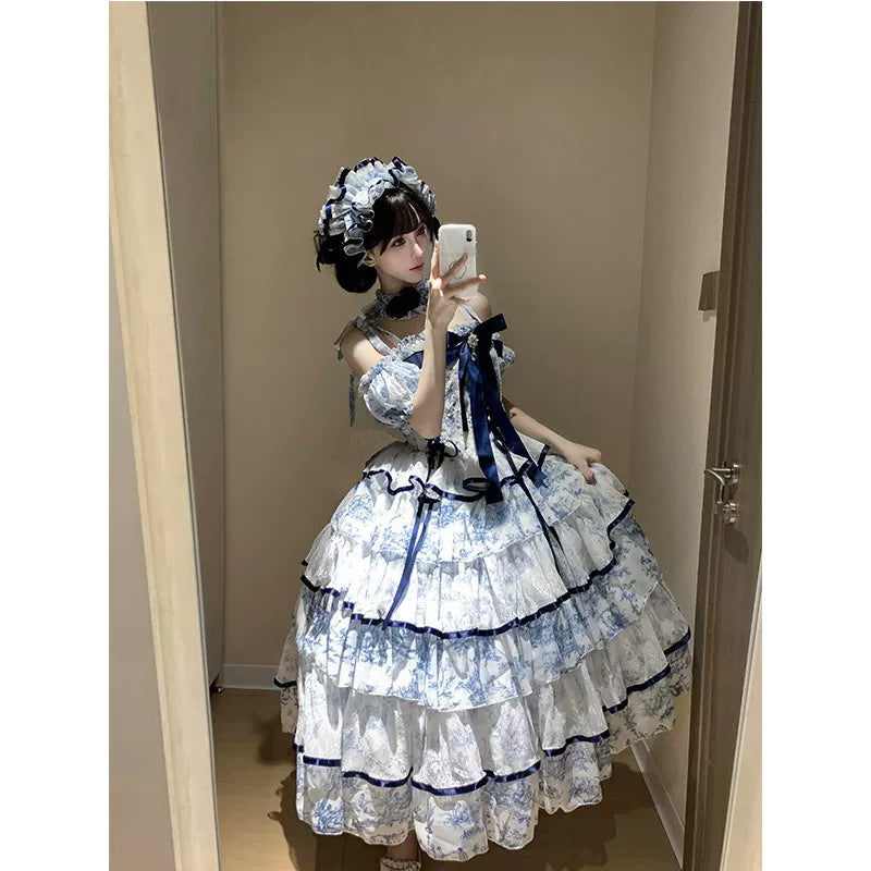 Creamy - Celadon Fishbone - OP dress with blue-trimmed ruffle tiers and puff sleeves
