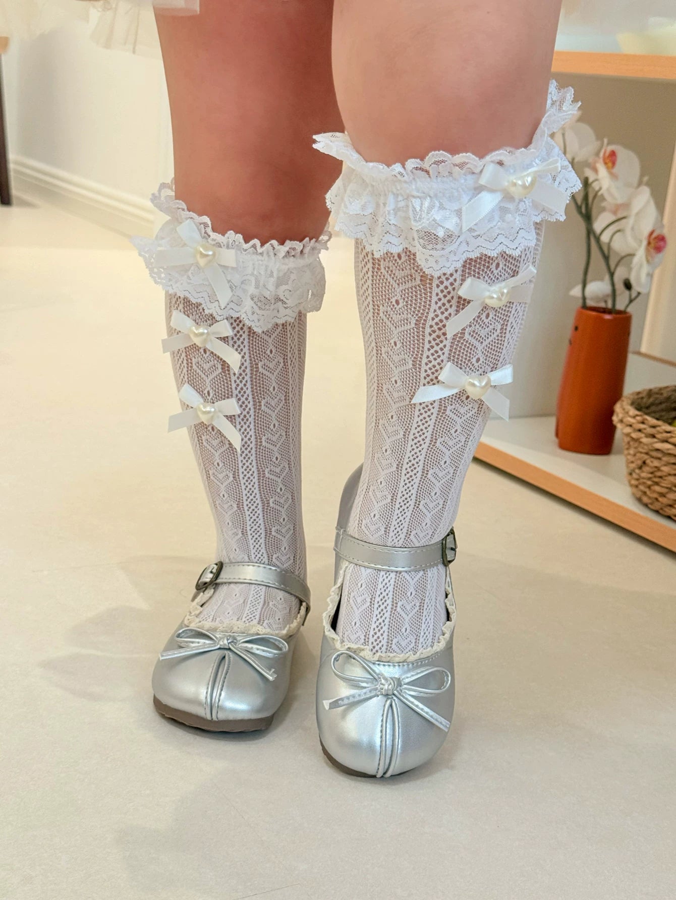 Fantasy Doll - Heart Pearl - Lace Mid-Calf Socks with Ribbon Bows and Heart Pearls