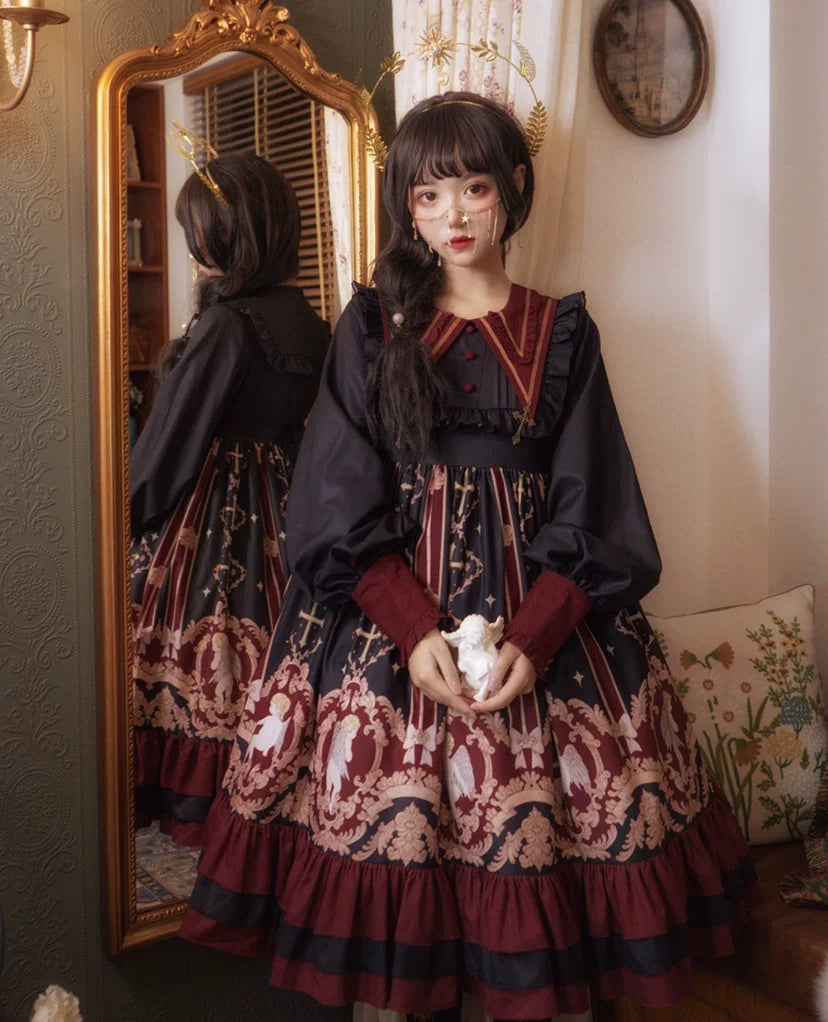 Wine red Tata Long Ear Angel's Redemption lolita OP dress with angel print, ruffled collar and tiered skirt