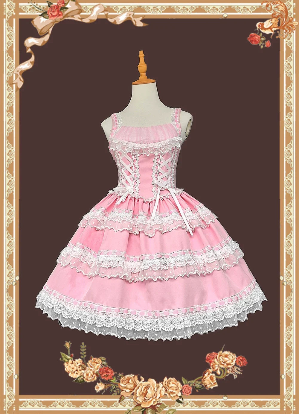 Mirror Doll - Old School Lolita Tiered Hem JSK with Polka Dot Lace Pink x White JSK S