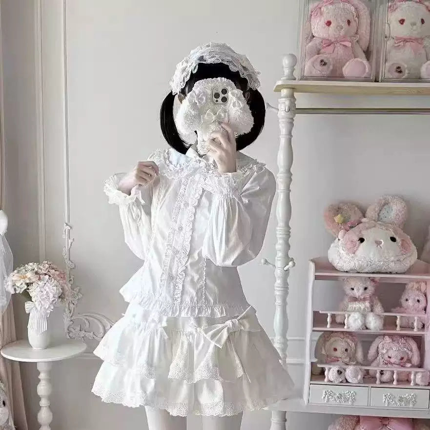 Pink sweet lolita bear ear long-sleeve blouse with lace trim and peplum hem
