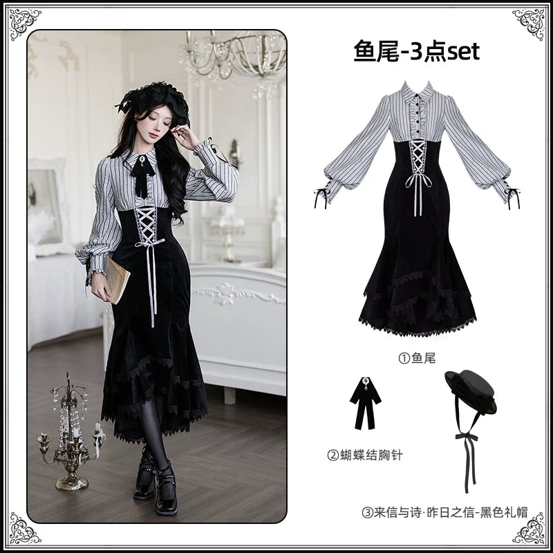 With PUJI - Dusk Moment - Classic Lolita Striped OP & Mermaid Dress Set, Fishbone Waist detail view 11