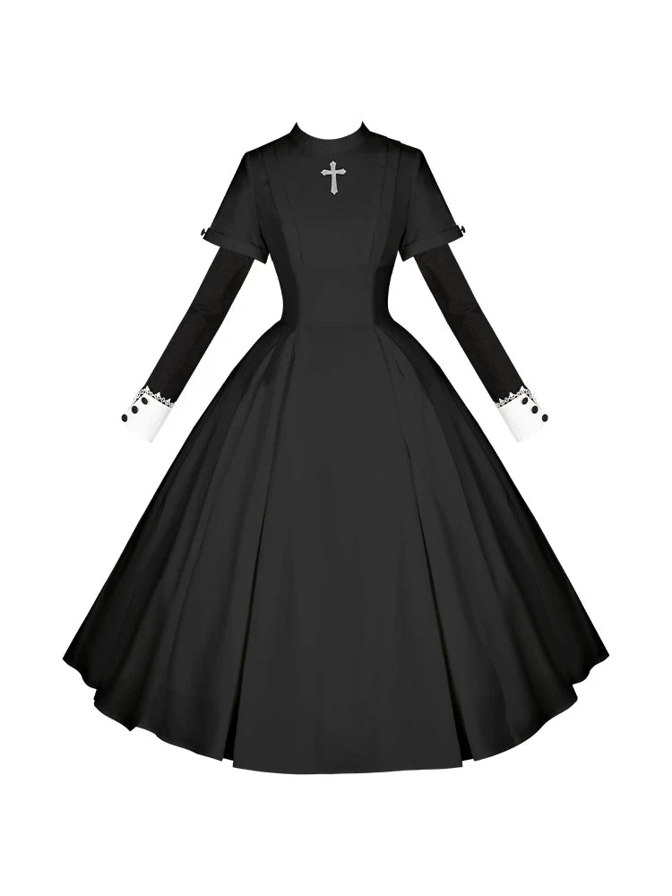 With PUJI - Nihil - Gothic Nun Lolita OP Dress, Irregular Hem Cape detail view 5