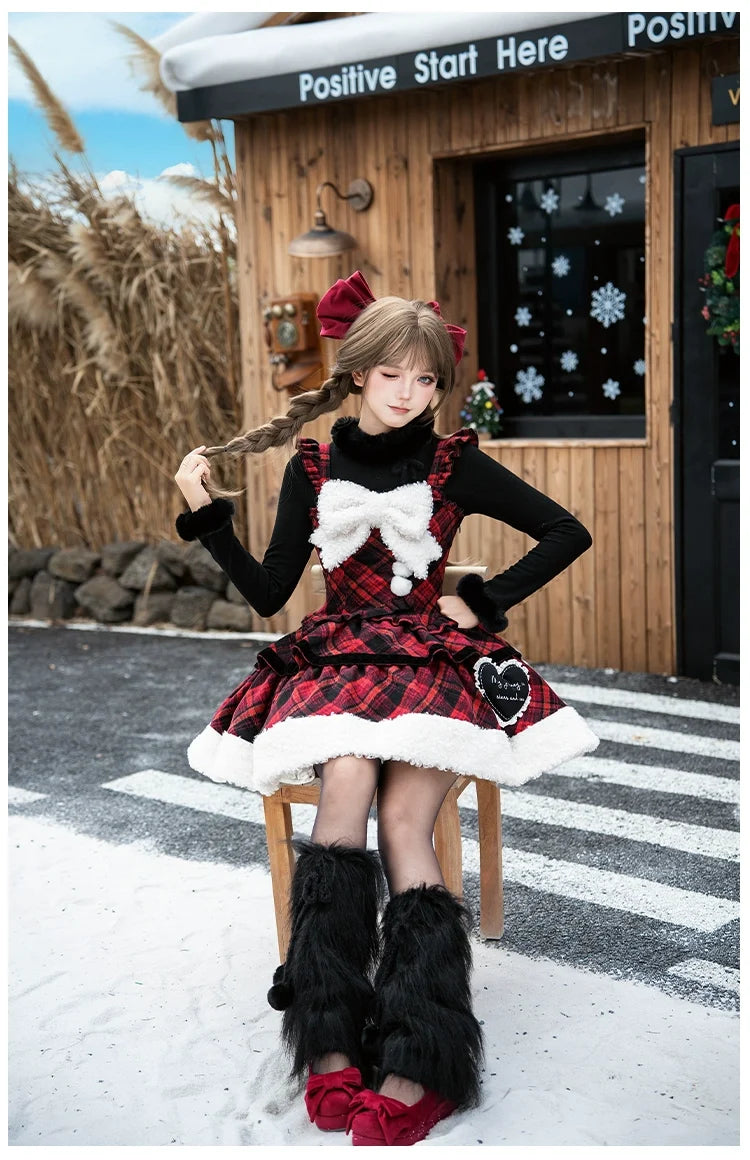 With PUJI - Snow Night Serenade - Fluffy Plaid Kawaii Lolita JSK, Reversible Cape
