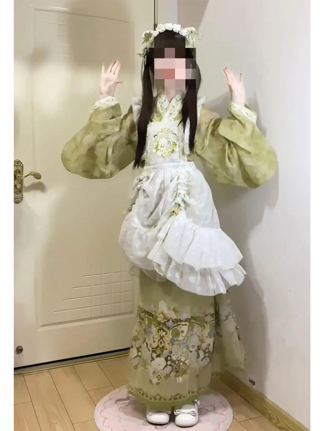 Creamy - Green Little Sheep - Hanfu-inspired horse-face skirt set with jacquard embroidery
