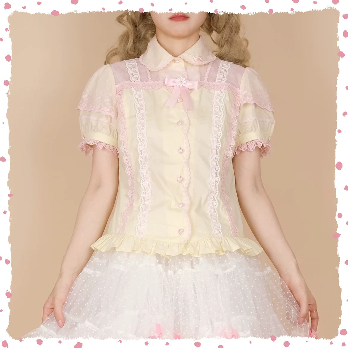 Galette Bunny - Cherry Blossom Girl - Short-Sleeved Cotton Blouse with Lace Trim