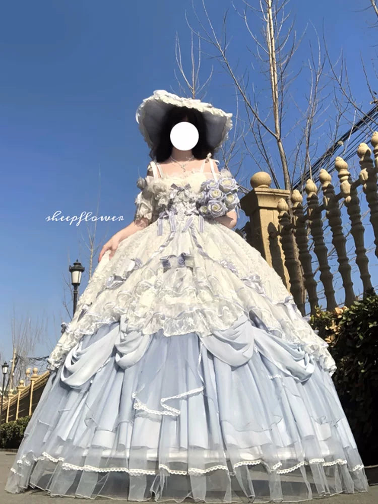 Pink-white Flora Muse Lolita formal gown with sweetheart neckline and floral appliqués