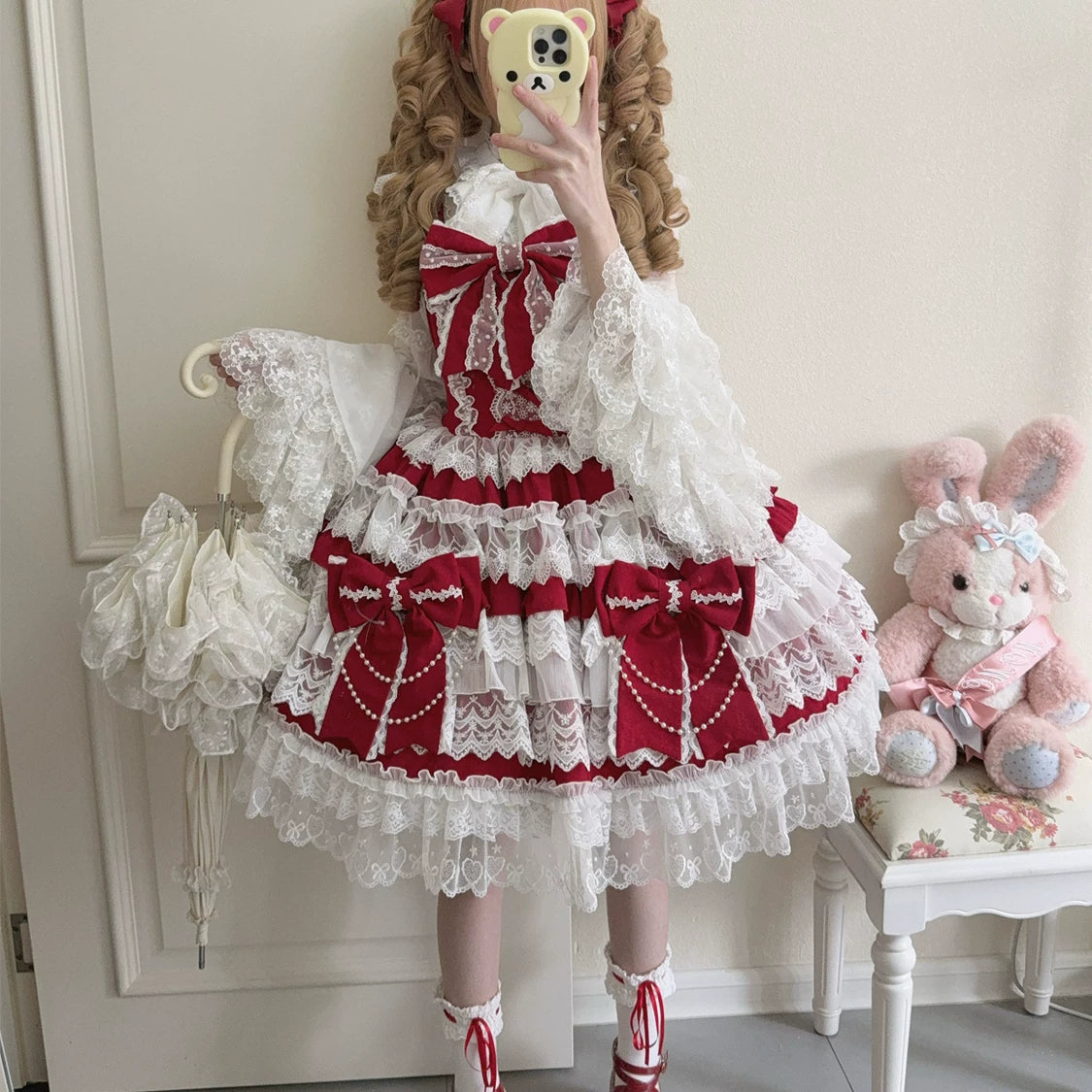 Lady Han Cross Heart Knot Sweet JSK Dress by Lolita Fetch, featuring a charming design with heart knot details and a feminine silhouette.