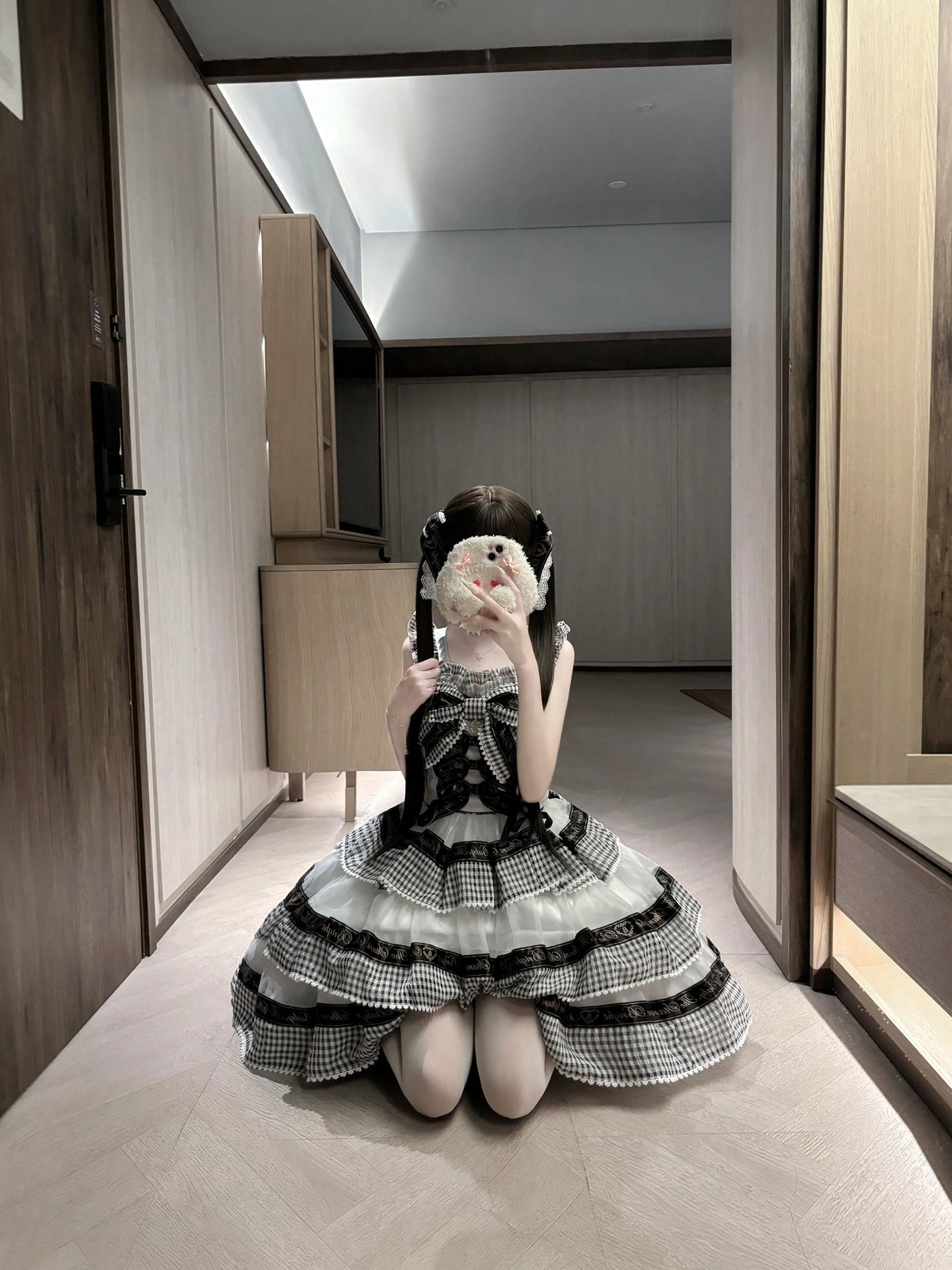 Creamy - Gingham Ribbon Noir - Black-and-white check OP dress with tiered ruffles