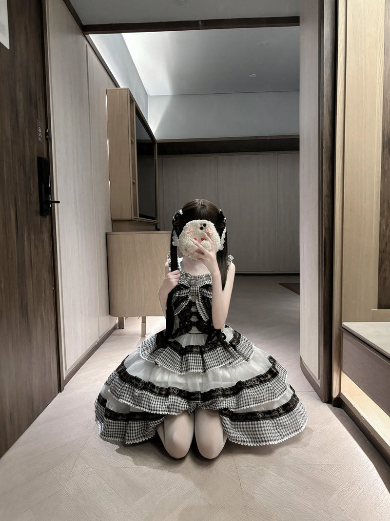 Creamy - Gingham Ribbon Noir - Black-and-white check OP dress with tiered ruffles