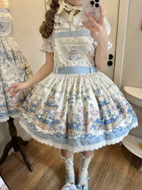 GZYRZ - Little Sheep's Blaubeertörtchen-Party - Cremefarbenes und blau bedrucktes JSK mit gepunkteten Trägern - Träger / S / Wenn Sie kleine Artikel gekauft haben, werden die kleinen Artikel und Kleidung separat in einer Schaumstofftasche verpackt; vergessen Sie nicht, diese mitzunehmen!!