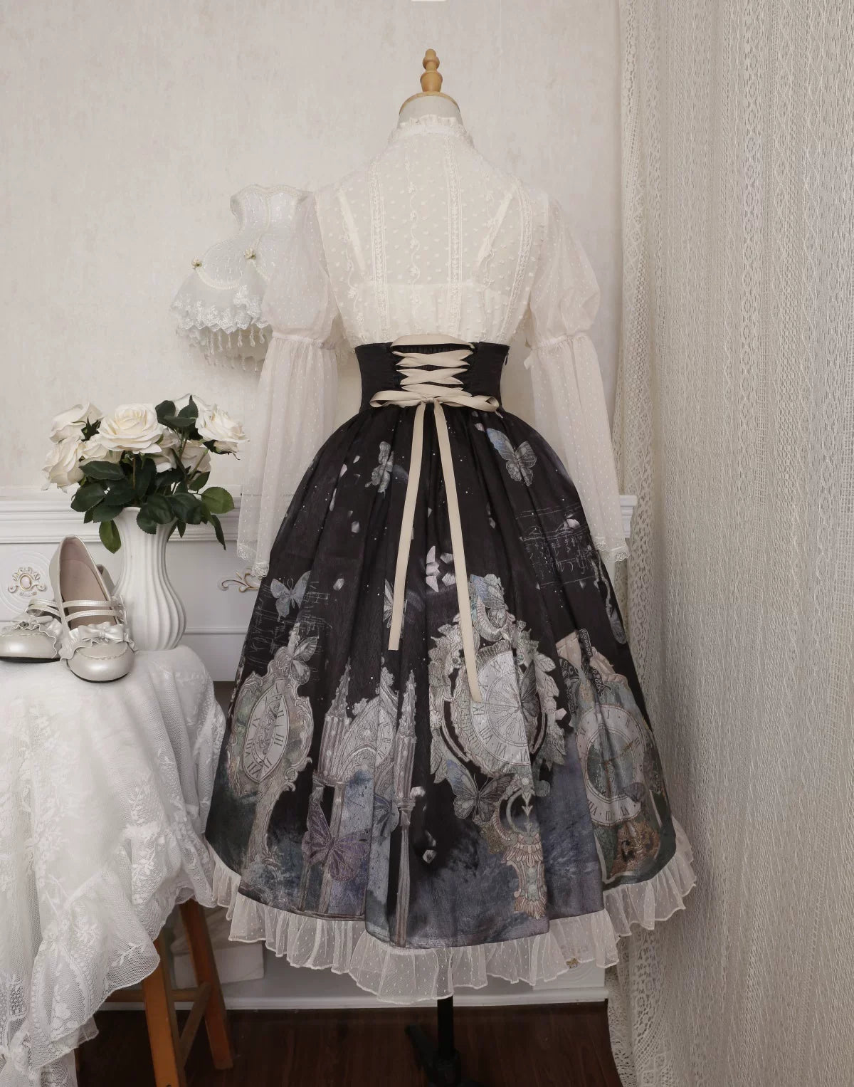 Your Princess - Clock Butterfly - Gothic Lolita Printed Blouse and Corset Skirt Set