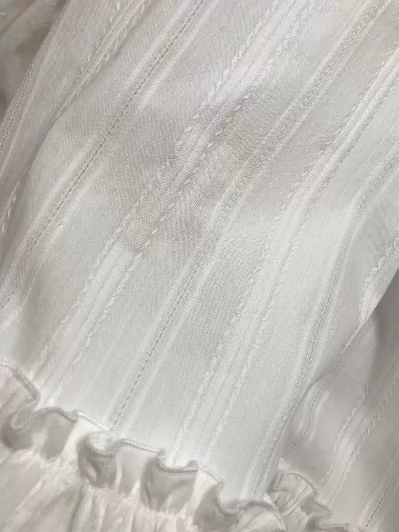 Yilia - Tiered Leg of Mutton - Cotton Jacquard Long Sleeve Blouse