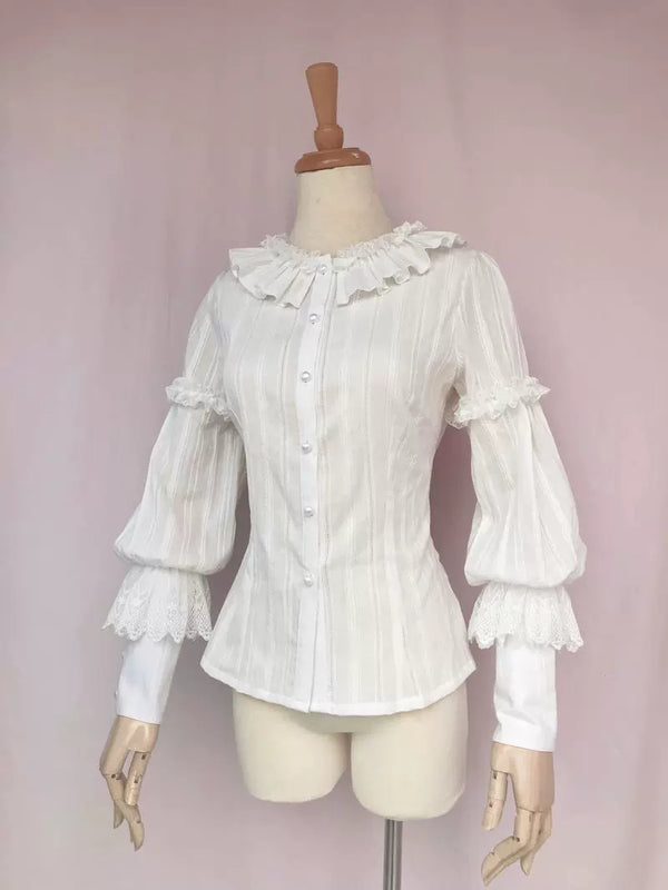 Yilia - Tiered Leg of Mutton - Cotton Jacquard Long Sleeve Blouse