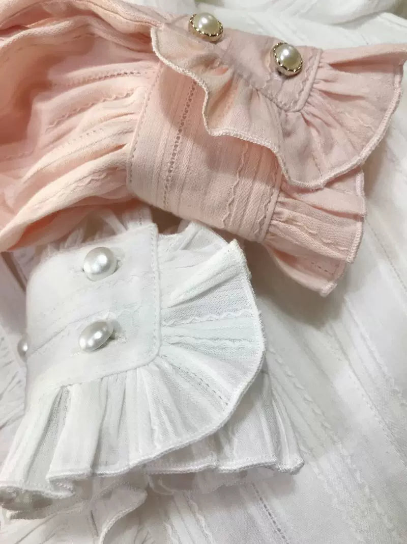 Yilia - Ribbon Stand Collar - Cotton Jacquard Ruffle Blouse