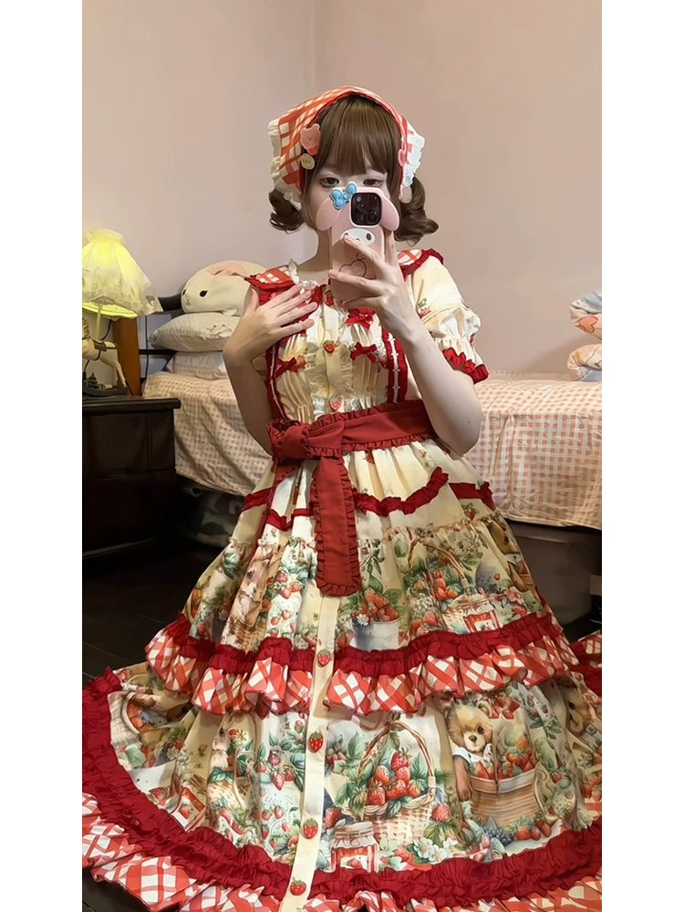Dream Bunny - December Strawberry Field - Strawberry-Print One-Piece Dress with Red Gingham Ruffles