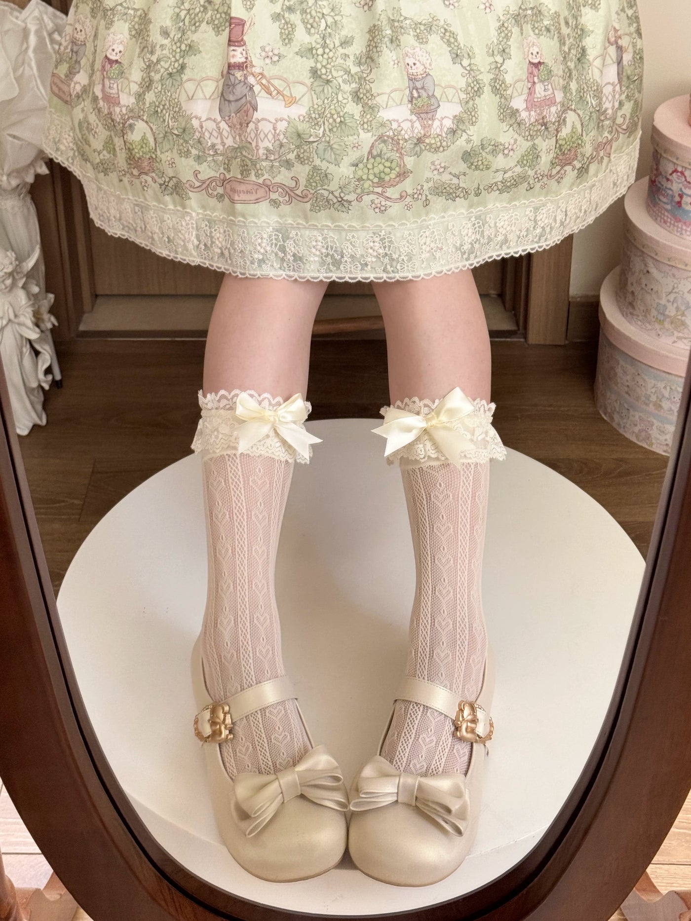 Fantasy Doll - Ribbon Lace - Yellow Mid-Calf Socks with Lace Cuffs