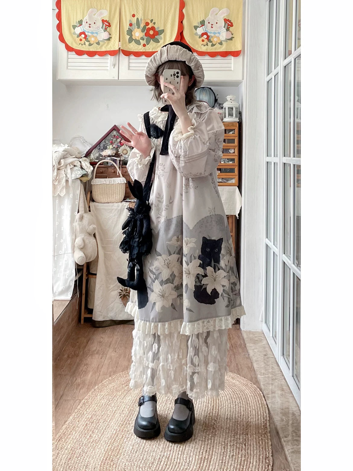 GZYRZ - Black Cat and Lily - Lolita fashion set with black cat and lily motifs