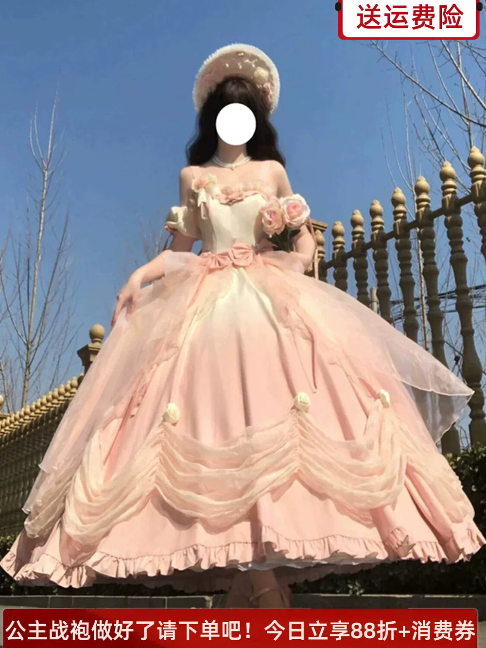 Gradient pink off-shoulder Lolita OP dress, front view without skirt support