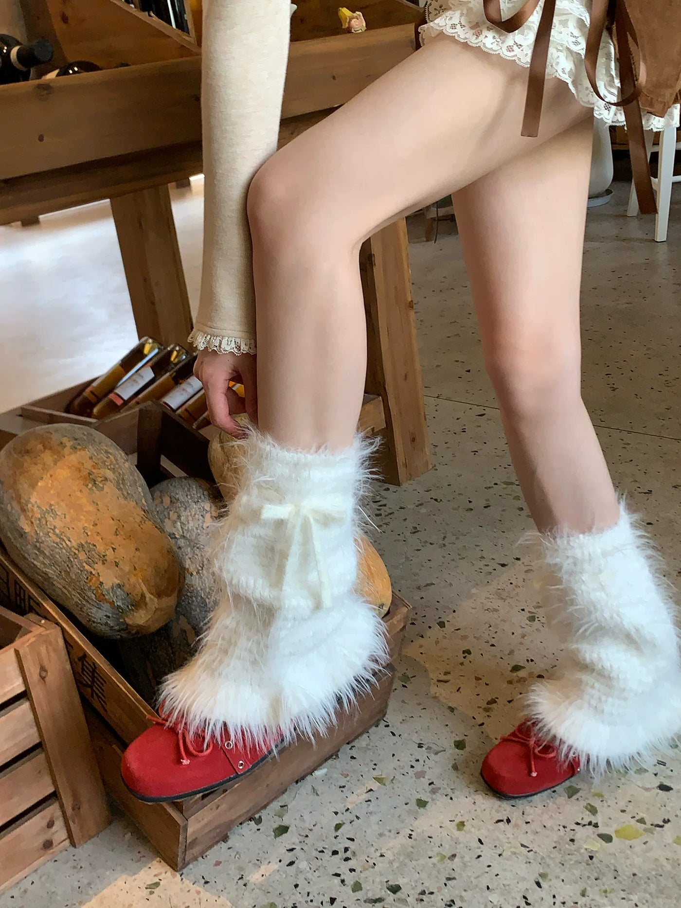 Fantasy Doll - Winter Bow Plush - Plush Mid-Calf Leg Warmers with Tie Bows