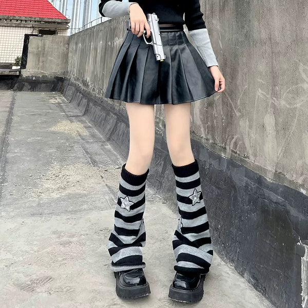 Black-gray striped knit leg warmer with sequin star details