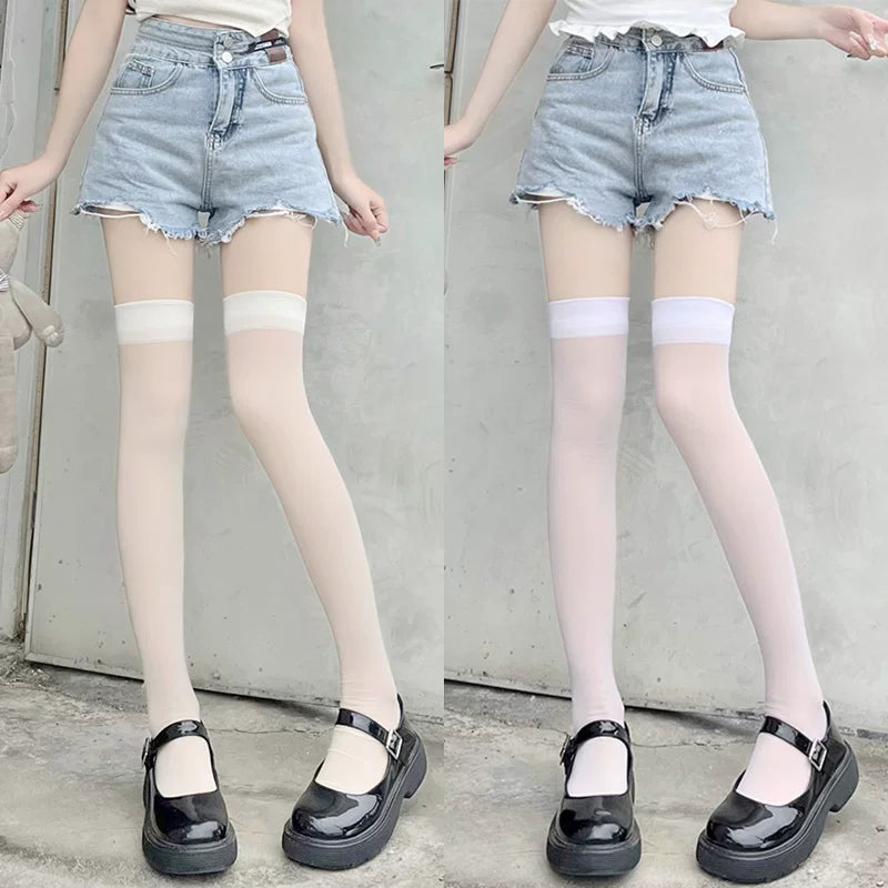 Floral Milk Cat - Sheer Thigh-High - Lightly Sheer Over-the-Knee Stockings with a Smooth Top Band